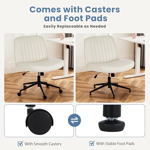 DUMOS Criss Cross Chair with Wheels, Wide Cross Legged Office Desk Vanity Chairs, Faux Leather Armless Adjustable Swivel Chairs for Home Computer Task, Beige DUMOS