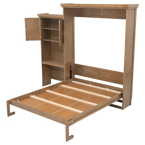 Merax Queen Size Murphy Bed with Storage, Solid Wood Hidden Wall Bed Frame with Cabinets, Farmhouse Murphy Bed Fame, Can Be Folded into a Cabinet, No Box Spring Needed, Wood Color Merax