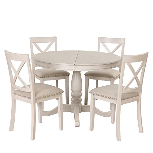 Extendable Dining Table Set for 4, 5 Piece Kitchen Table and Chairs Set, 4 X-Back Solid Wood Dining ChairSet, Industrial Oval Round Dining Table for Small Space, Apartment, French Country White SCANORDIC