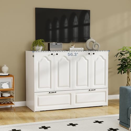 Jotirxe Full Size Murphy Bed with Storage & Charging Station, Modern Cabinet Bed with Foldable Platform, Hideaway Beds with Drawers for Small Spaces, Office, Guest Room, White Jotirxe