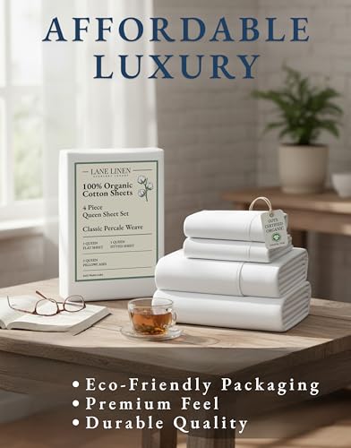 LANE LINEN Eco Friendly 100% Organic Cotton Queen Sheet Set, Soft & Comfy Fully Elasticized 15" Deep Pocket Bed Sheets, Low Pill Naturally Cooling Machine Wash Sábanas Queen- White Bed Sheets LANE LINEN
