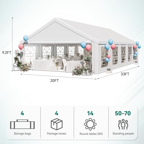 YITAHOME 20x33 ft Party Tent Heavy Duty Outdoor Wedding Event Shelters Upgraded Galvanized Canopy with Large White Roof, Removable PVC Sidewalls & 3 Storage Bags, White YITAHOME
