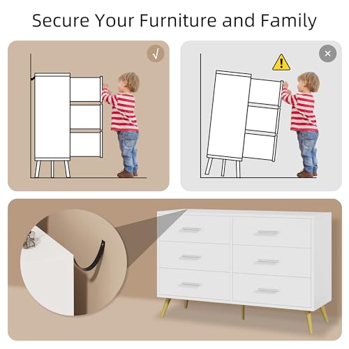 Shintenchi 6 Drawer Dresser, White Double Dresser for Bedroom, Modern Chest of Drawers TV Stand, Wooden Storage Organizer for Living Room, Entryway, White and Gold Dresser Shintenchi