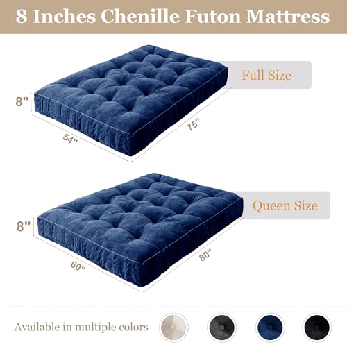YOSHOOT 8 Inches Futon Mattress Full Size, Thick Futons Sofa Couch Bed, Chenille Fabric Floor Mattress for Adults, Shredded Foam Filling, Medium Firm(Frame Not Included), Blue, 54"x75" YOSHOOT