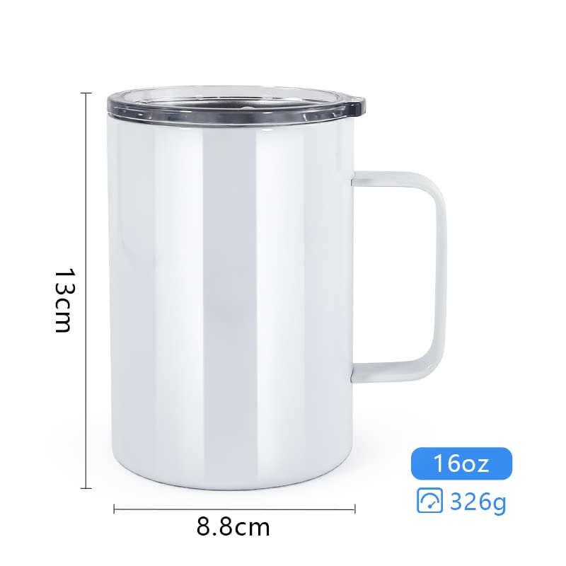 AGH 16oz Sublimation Mugs with Handle, 304 Stainless Steel Sublimation Coffee Mug with Splash-proof Lid, Vacuum Insulated Travel Beer Tea Mug Compatible with Cricut Mug Press, 4 Pack AGH