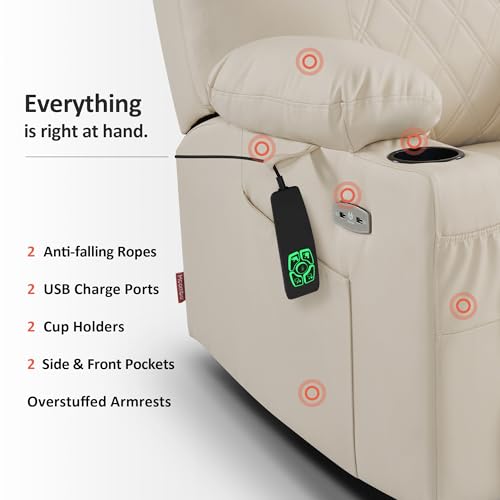 MCombo Small Power Lift Recliner Chair Sofa with Massage and Dual Heating, Adjustable Headrest for Elderly People Petite, USB Ports, Faux Leather 7111 (Cream White)