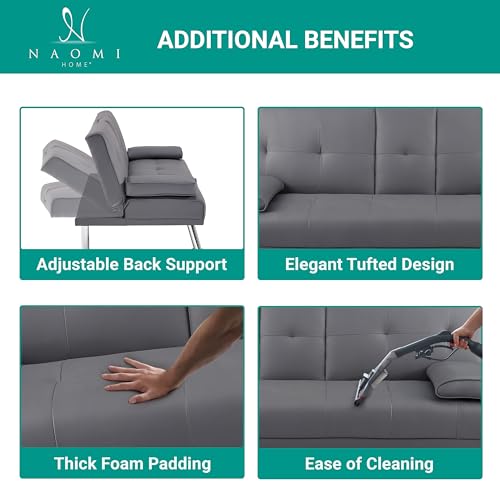 Naomi Home Transform Your Living Space with Comfort Gray Futon Sofa Bed with Armrest Cupholders Reclining Function Ideal for Cozy Living Rooms Sofa Bed Couch Metal Legs Faux Leather Naomi Home