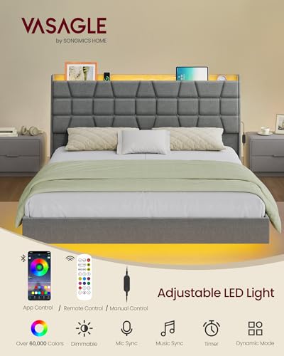 VASAGLE Queen Size Floating Bed Frame with LED Lights, Upholstered Queen Bed Frame with Charging Station, Tufted Storage Headboard, Noise-Free, No Box Spring Needed, Light Gray URMB851G01SV1 VASAGLE