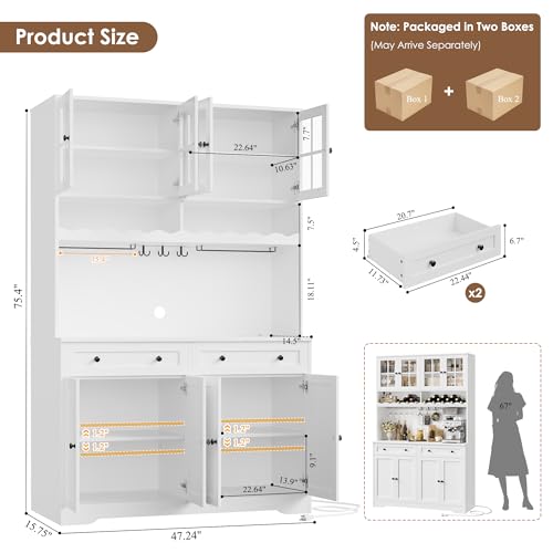 HOSTACK 75.4" Tall Kitchen Pantry Cabinet with Charging Station, Modern White Kitchen Hutch with Microwave Stand and Wine Racks, Large Food Pantry Storage Cabinet with Glass Doors and Drawers, White HOSTACK