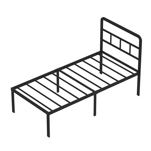 DiaOutro Twin Bed Frames with Headboard 18 Inch, Metal Platform No Box Spring Needed Heavy Duty Steel Slat Mattress Foundation/Easy Assembly/Noise Free/Black DiaOutro
