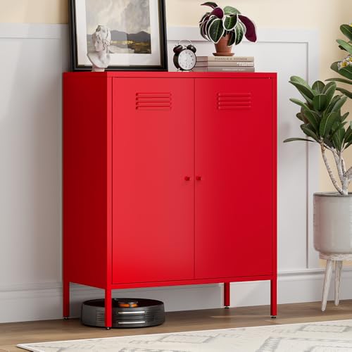 LINGZOE Red Metal Locker Storage Accent Cabinets with 2 Adjustable Shelves, 3 Tier Metal Storage Cabinet with Legs, Steel Cupboard Lockers for Kids Bedroom, Home, Office, Entryway, Kitchen LINGZOE