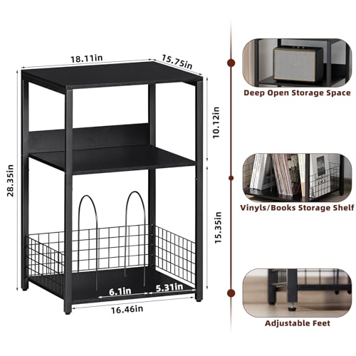 LELELINKY Large Black Record Player Stand, 3 Tier Big End Table with Vinyl Storage Up to 130 Albums, Turntable Stand, Industrial Printer Tables, Modern Side Tables for Living Room, Bedroom, Office LELELINKY