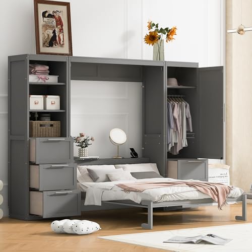 Merax Murphy Bed Queen with Wardrobe, Queen Size Wall Murphy Bed with 5 Drawers and Storage Shelves, No Box Spring Needed, Gray Merax