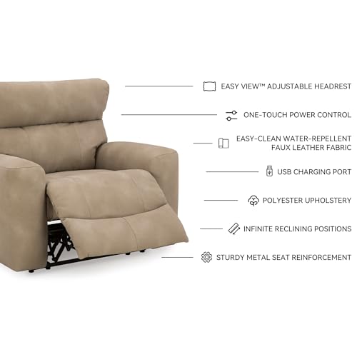 Signature Design by Ashley Next-Gen DuraPella Contemporary Faux Leather Wall Hugger Power Recliner with Adjustable Headrest and USB Ports, Light Brown Signature Design by Ashley