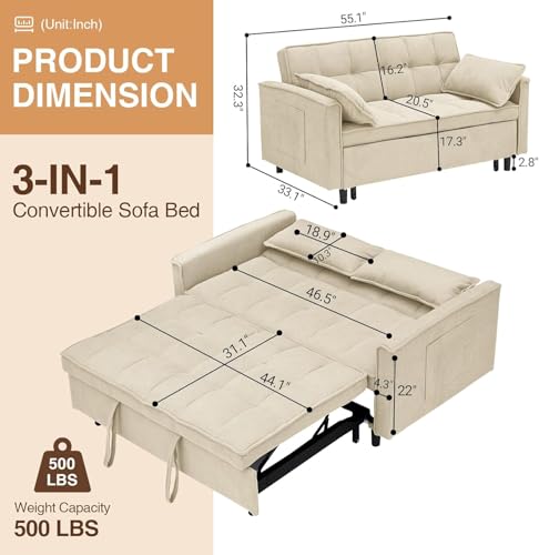 Anwick 3 in 1 Convertible Sofa Bed, Pull Out Couch Bed with Reclining Backrest and 2 Pillows, 54" Full Size Loveseat Sleeper Sofa Futon Couches Bed for Small Spaces, Living Room (Corduroy, Beige) Anwick