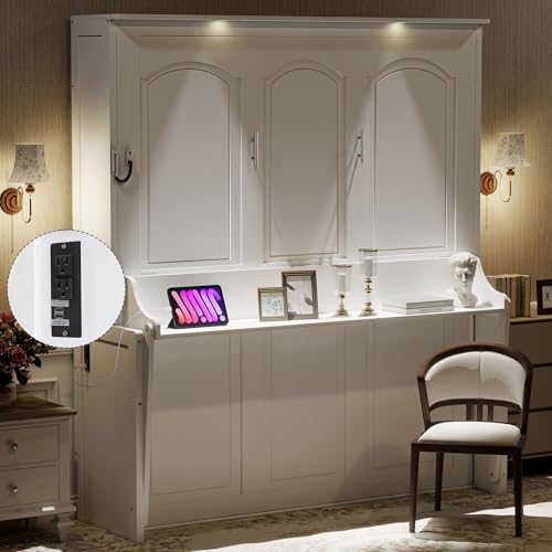 Queen Size Murphy Wall Bed with Desk, Wood Foldable Bed Cabinet with LED Lights and USB Charging Station for Small Places (White) BEDGJH