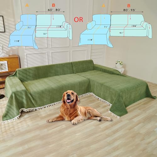 HANDONTIME Green Sofa Cover Vintage Couch Cover for Dogs 71" X118" Couch Cushion Covers with Tassel Herringbone Sofa Cover Boho Sofa Covers for 3 Cushion Couch Chenille Soft Loveseat Sofa Covers HANDONTIME