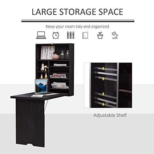 HOMCOM Wall Mounted Fold Out Convertible Desk, Multi-Function Floating Desk with Storage Shelf for Home Office, Espresso Brown HOMCOM