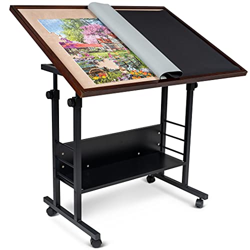Becko US 1500 Piece Tilting Puzzle Table with Cover Mat & Legs, Jigsaw Puzzle Board with 5 Tilt Angle & Height Adjustment, Portable & Movable Tables with Storage for Adults, Enclosed with 4 Wheels Becko US