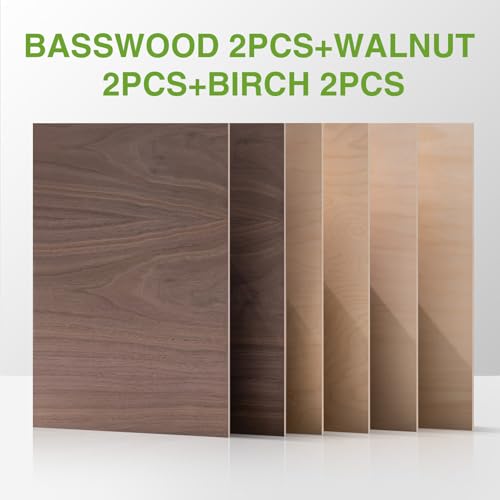 Rowood 6 Pack Plywood 1/8,2 Pack Walnut+2 Pack Basswood+Double Pack Birch,12x16.5x1/8inch,Thin 3mm Unfinished Plywood for Laser Cutting & Engraving,DIY Adult Craft Kits for Models Drawing,Wood Burning rowood
