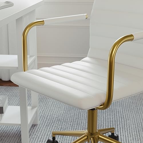 Martha Stewart Taytum Swivel Task Chair with Armrests for Home Office in White Faux Leather with Polished Brass Frame Martha Stewart