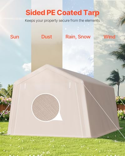 VEVOR 10 × 15 ft Outdoor Storage Shed Tent with Heavy-Duty Steel Frame, 2 Roll-Up Doors & Air Vents, Waterproof Portable Garage Carport Shelter for Motorcycle, Lawn Mower, Garden Tools – Beige VEVOR