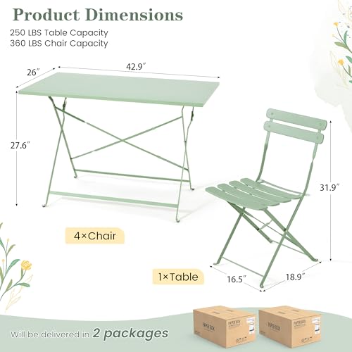 MELLCOM 5-Piece Foldable Patio Dining Set with Rectangular Table and Chairs, Weather-Resistant Iron Outdoor Dining Set for 4 People, Outdoor Table and Chairs for Patio, Yard, Indoor, Green MELLCOM