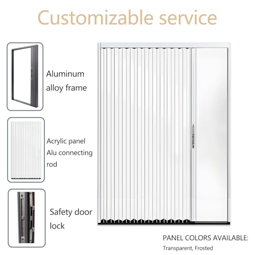 Interior Accordion Folding Door, No Drilling Retractable Sliding Doors with Lock, Customize Room Divider for Bathroom Closet Kitchen Patio, Aluminum Frame and Acrylic Panel CESOFWE