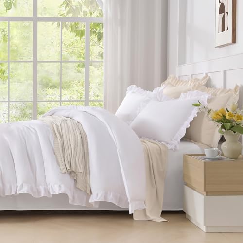 Andency Comforter Full Size Set White, 3 Pieces Ruffle Farmhouse Shabby Chic Gift Full Comforter Set, Soft Lightweight Fluffy All Season Room Decor Bed Set for Girls Women Teens Daughter Andency