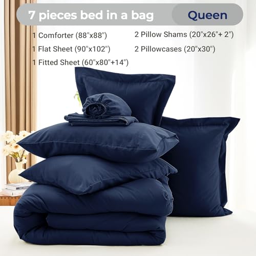 MUXHOMO 7 Pieces Queen Comforter Set, Soft Bed in a Bag Queen Size, All Season Bedding Set with Comforter, Flat Sheet, Fitted Sheet, Pillowcases & Shams, Navy Blue MUXHOMO
