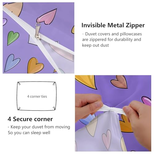 Double-Sided Printed Bedding with Minimalist Loving Romantic - Ultra-Soft Microfiber Duvet Cover Set Single Durable Zipper Closure, Comfortable Quilt Cover for Bedroom Décor Purple Generic