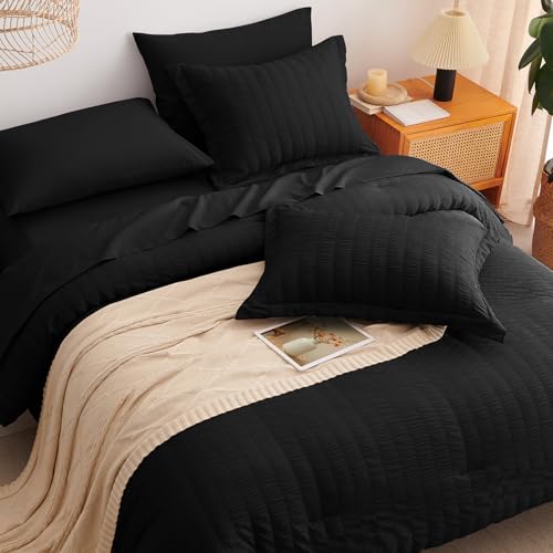 CozyLux Queen Comforter Set Black Seersucker 7 Pieces Bed in a Bag Queen Comforter Set with Sheets, Luxury Soft Bedding Set with Down Alternative Comforter, Sheets, Pillowcases & Shams for All Seasons CozyLux