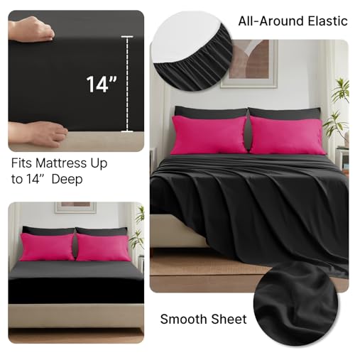 Anluoer King Comforter Set,Hot Pink&Black Bed in a Bag 7 Piece,Lightweight Bedding Set with Soft Down Alternative Fill,Bed Set Includes Comforter, Fitted Sheet, Flat Sheet,Pillowcases and Shams Anluoer