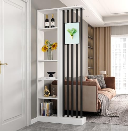 Wall Room Divider with Storage Shelves, Modern Freestanding Room Divider Screen, Open Room Wood Partition for Home & Office Decor (White + Black, 31.5" L x 9.5" W x 79.5" H) FEFZSFER