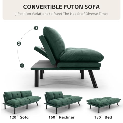SoarFlash 67 Inch Futon Double Sofa Bed, 2 in 1 Velvet Loveseat Sofa with Adjustable Backrest Memory Foam for Living Room Bedroom Office Apartment Compact Couch(Green) SoarFlash