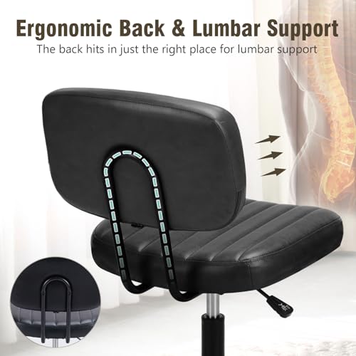DUMOS Small Armless Home Desk Chair with Low Back Lumbar Support, Height Adjustable PU Leather Computer Task Chair with 360° Swivel Wheels, for Small Space, Kids and Adults, New Black DUMOS