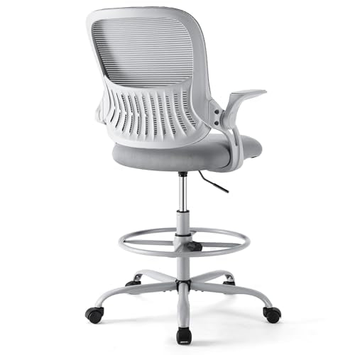 DUMOS Drafting Chair for Standing Desk, Counter Height Adjustable, Flip-up Arms, Ergonomic Mid Back Mesh Rolling Work Swivel Office Computer Chairs with Wheels, Grey DUMOS