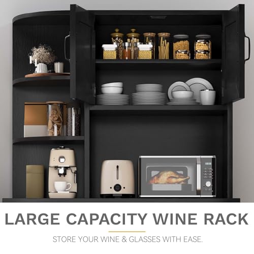 DWVO Kitchen Pantry Storage Cabinet, 64" H Kitchen Hutch Cabinet with Power Outlet, Sliding Racks with Door, Drawers with Doors and 3-Tier External Shelves for Living Room, Dining Area (Black) DWVO