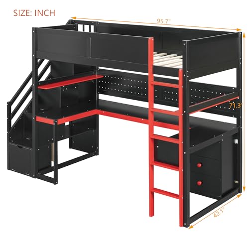 RUNNA Full Size Wooden Gaming Loft Bed with Storage Stairs, Desk, Shelves & Pegboard, Space-Saving Esports Style for Teens & Adults (Black+Red-3) RUNNA