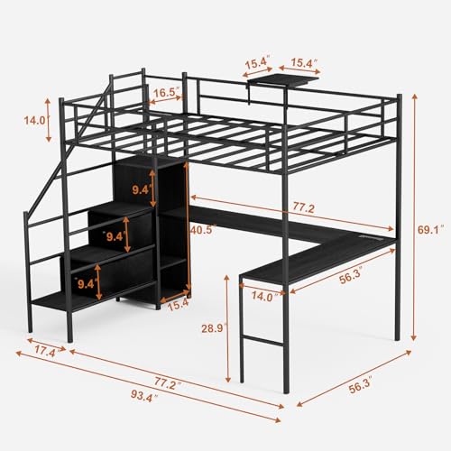 Bellemave Full loft Bed with Storage Stairs, Wardrobe, Shelves, Metal Full Loft Bed Frame with L-Shaped Desk for Adults, Kids, Teens, Black with Charging Cradle Bellemave
