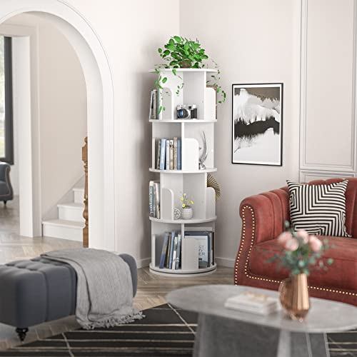Aheaplus 360° Rotating Small Corner Bookshelf - 4 Tier Floor Standing Storage Rack in White Aheaplus