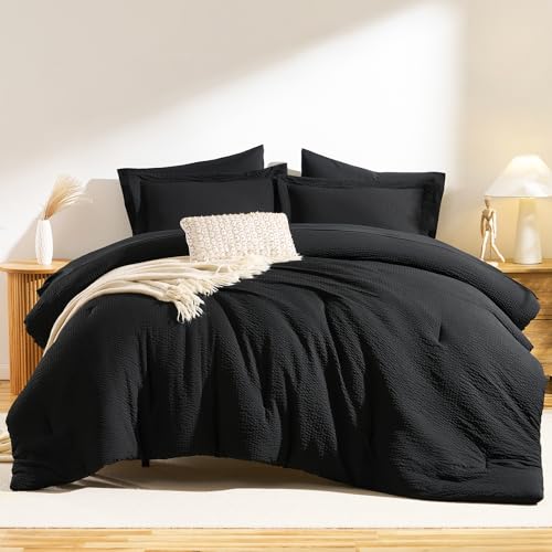 CozyLux Queen Comforter Set Black - 7 Pieces Striped Seersucker Bed in a Bag, Soft Lightweight Boho Bedding Set with All Season Comforters Queen Size, Sheets, Pillowcases & Shams CozyLux