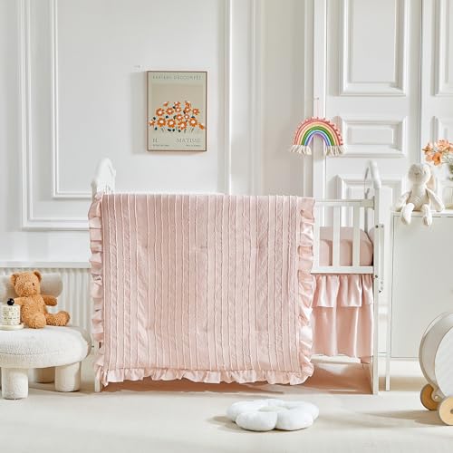 3 Pieces Tufted Stripes Crib Bedding Set with Ruffle Fringe, Pink Ruffled Comforter with Fitted Sheet and Bed Skirt , Soft and Embroidery Shabby Chic Boho Bohemian Jacquard Design for Baby Girls Boys Flysheep
