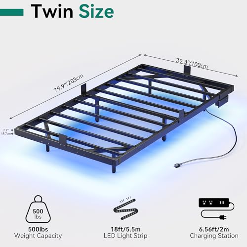 YITAHOME Floating Bed Frame Twin Size, LED Bed Frame with Charging Station, Metal Platform Twin Bed with Heavy Duty Steel Slats Supports, No Box Spring Needed, Easy Assembly, Black YITAHOME