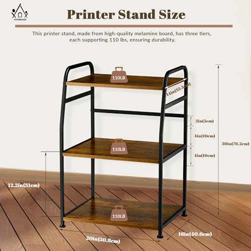 Vividwood Printer Stand - Large 3 Tier Printer Table with Adjustable Storage Shelf - Rolling Printer Cart with Wheels -Stable Desk for Printer Home Office Use (Rustic Brown) Vividwood