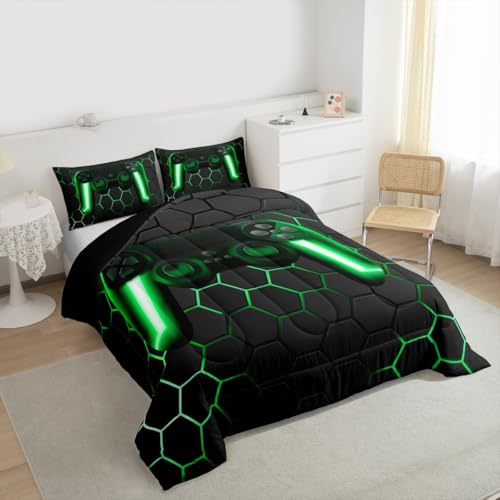 Game Bedding Sets for Boys,Gaming Comforter Set Full,Kids Gamer Duvet Set Neon Lights Gamepad Bed Set for Teen Men Bedroom,geometric Honeycomb Hexagon Comforter with 2 Pillow Shams,Green Grey Erosebridal
