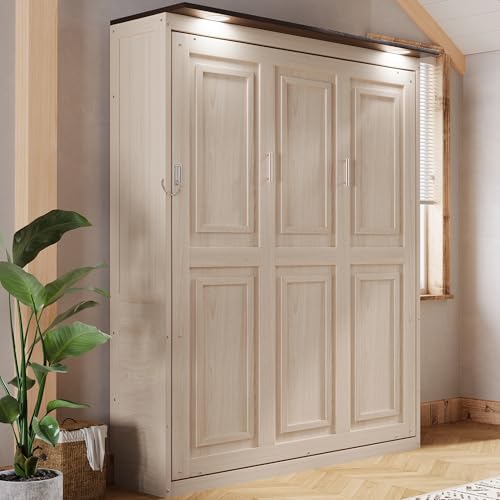 MERITLINE Queen Farmhouse Murphy Bed with LED, Solid Wood Vertical Murphy Wall Bed Cabinet for Adults (Natural Wood) MERITLINE