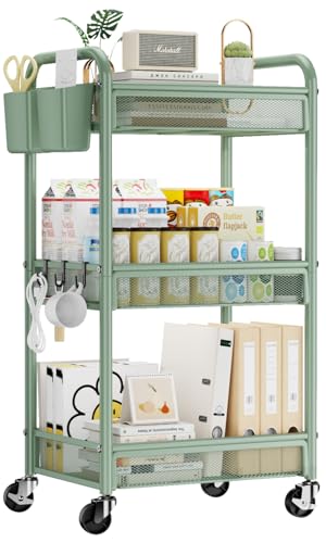 YASONIC 3 Tier Rolling Cart – Metal Utility Storage Carts with Wheels, Craft Carts Organizer with Hanging Cups, Hooks, Mesh Basket for Bedside Kitchen Office Art, Green