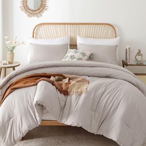 ROSGONIA Queen Comforter Set Linen Grey, 3pcs Queen Size Comforter(1 Boho Gray Comforter & 2 Pillowcases) All Season Lightweight Bedding Blanket Quilt ROSGONIA
