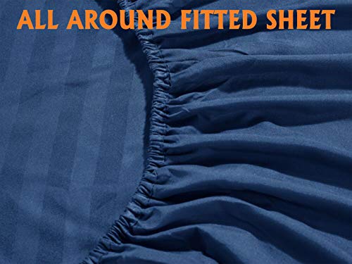 Elegant Comfort Best, Softest, Coziest 6-Piece Sheet Sets! - 1500 Premier Hotel Quality Luxurious Wrinkle Resistant 6-Piece Damask Stripe Bed Sheet Set, Queen Navy Blue Elegant Comfort